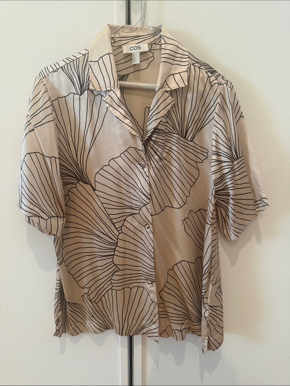 COS Beige Short-Sleeve Button-Down with Black Botanical Line Print